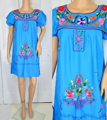 VTG 90s Blue Cyan Mexican Embroidered Oaxacan Ethnic Festival Hippie Boho Dress • $18.99