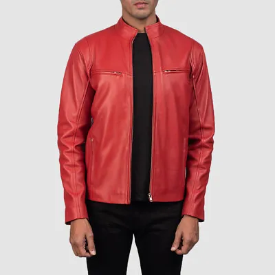 Men's Leather Genuine Lambskin Jacket Ionic Red Leather Motorcycle Jacket • $125.77