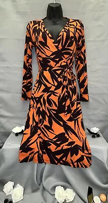 Boden 1990's Bamboo Vintage Wrap Dress Rayon Knit Slinky MOD Print Orange Uk.  • £44.99