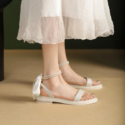 Womens Chic Leather Pearl Beaded Bowtie Ankle Strap Gladiator Sandal Shoes SKGB • £63.59