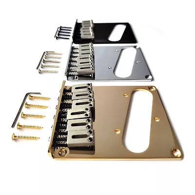 £23.99 • Buy Telecaster Tele Modern Bridge With Steel 6 Sustainer Saddles – Chrome Black Gold