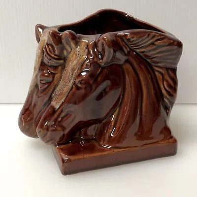 VINTAGE Planter Horse Heads Planter Art Pottery VASE Many Uses Brown Glazed • $35