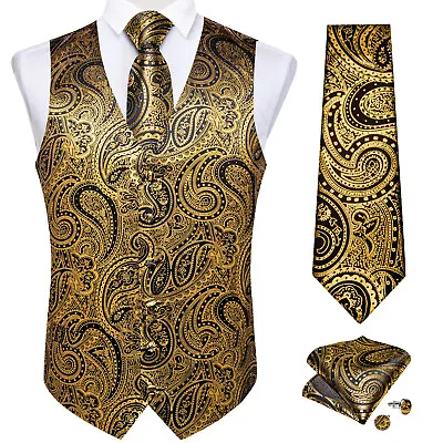 DiBanGu Men's Gold Smooth Paisley Design Dress Vest And NeckTie Hankie For Suit • $24.99