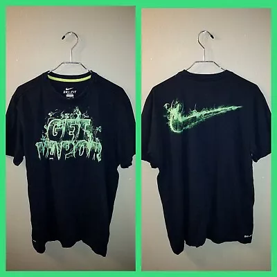  GET VAPOR  Nike Dri Fit Double Sided Logo Crewneck Tshirt Mens L Black Green • $14.99