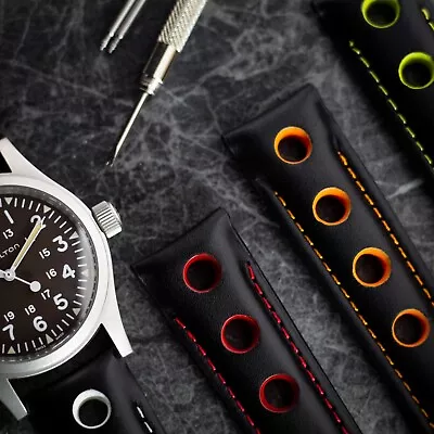 £13.45 • Buy Leather Rally Watch Strap | Soft Calfskin | 20mm 22mm 24mm | Red Orange White