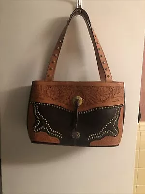 Montana Silversmiths Leather Shoulder Handbag/Tote With Brass Accents. Tooled • $49.99