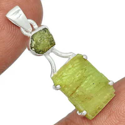 Natural Green Kyanite Rough & Moldavite 925 Silver Pendant YS2 CP24329 • $31.99