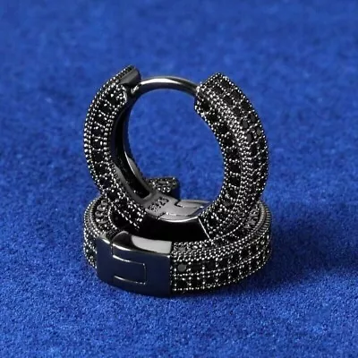 Round Lab-Created Black Diamond Men's Huggie Hoop Earrings 14K Black Gold Plated • $109.99