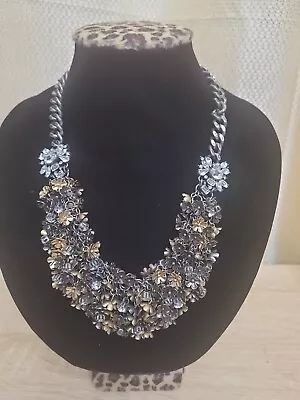 J.Crew Fall Silver & Gold Tone Floral Crystal Embellished Statement Necklace  • $75