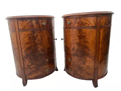 Vintage Round Nightstands Set Drum Tables Cabinet Three Drawers Flame Mahogany • $2995