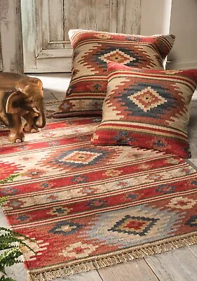 Kashi Kilim Area Rug Red Multi Colour  Fine Wool Cotton Fair Trade • £165