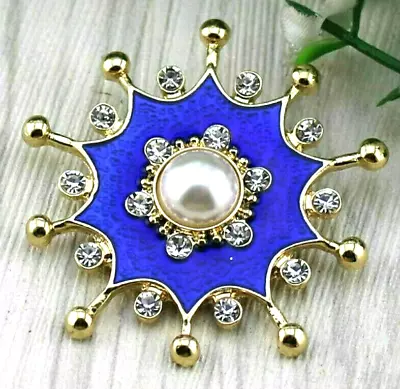 Flashy Blue STAR Enamel SPLASH Pearl POW Rhinestone SUN Mandala Brooch • $11.99