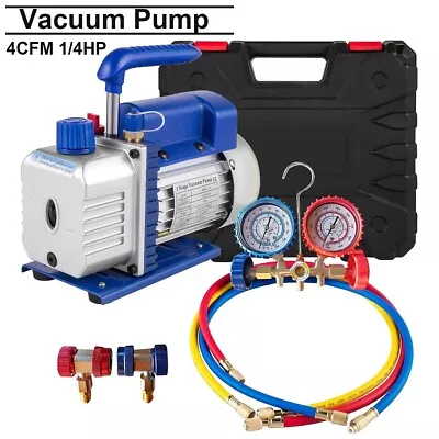 $83.99 • Buy 4CFM 1/4HP Rotary Vane Vacuum Pump Manifold Gauge Tester Charging Hose Tool Set