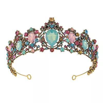 Vintage Blue Pink Crown Tiara Real Metal Gift Birthday Diadem Birthday Bridal • $20.99