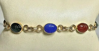 Vintage Van Dell 14k Yellow Gold Carved Gemstones Lucky Scarabs Bracelet • $400