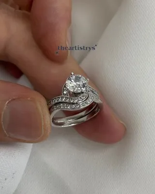 Round Cut 2 Carat Moissanite Bridal Set Engagement Ring Solid 14K White Gold • $240.80