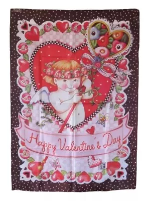 Mary Engelbreit 28 X 40  Flag  Happy Valentine’s Day “ - Cupid Hearts & Flowers • $24.95