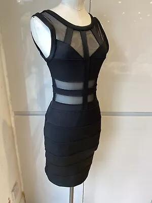 Miss Selfridge Size 8 Black Bocycon Bandage Stretch Pencil Dresss & Mesh Detail • £35