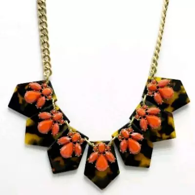 NEW NWOT J. Crew Tortoise Shell Coral Red Crystal Stone Statement Necklace • $12.95