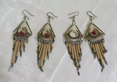 Vintage Chinese Asian 2 Pairs Chandelier Earrings Brass Wood & Bamboo AS-IS • $5.98
