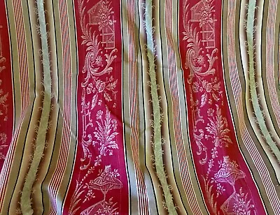 Antique French 19th Century Chinoiserie Red Floral Stripe Cotton Ticking Fabric • $69.99