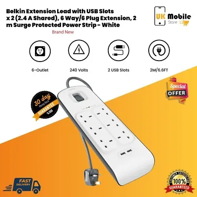 Belkin Extension Lead With USB Slots X 2(2.4 A Shared) 6Way/8Way Plug Extension • £26.99