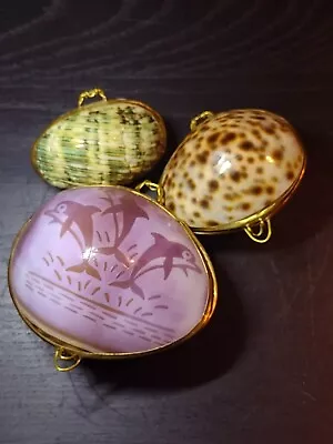 Vintage Handmade Sea Shell Coin Purse Trinket Box Lot Of Three Hand Carved Used • $20