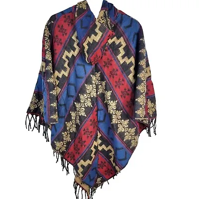 Vintage 90s Wool Fringe Poncho One Size Women Men Southwestern Jacket Hood Fall • $28