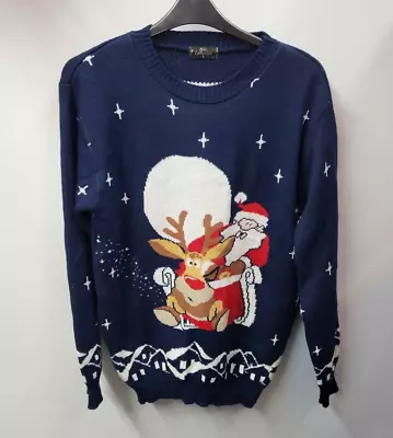 N.C Collection Mens Xmas Knitted Jumper Pullover Size L Navy Santa Long Sleeve • £14