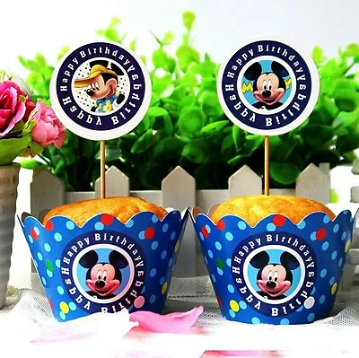 48 Pcs 24 Mickey Mouse Cupcake Wrappers & 24 Toppers Kids Birthday Party Supply • $10.99