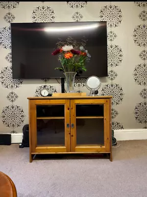 Large SOLID Pine IKEA TV Stand Entertainment Unit Glass Doors Television Cabinet • £49.99