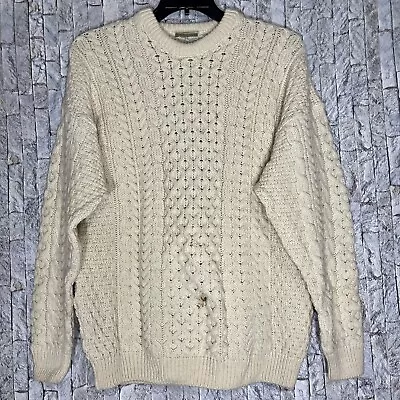 Vintage Carraig Donn 100% Wool Irish Cableknit Fishermans Sweater Cream Men's L  • $39.99