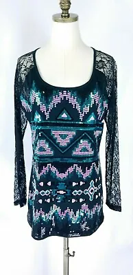 $27 • Buy NWT Rock & Roll Cowgirl Sequined Top Size L Black Southwestern Floral Lace Tee