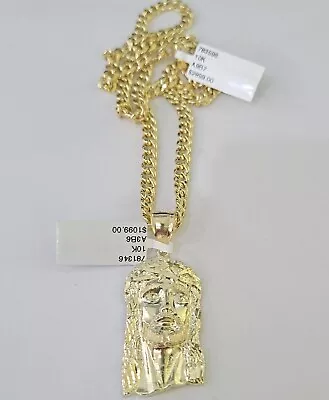 10k Yellow Gold Chain Jesus Head Charm Pendant Set 5mm Miami Cuban Link Necklace • $219