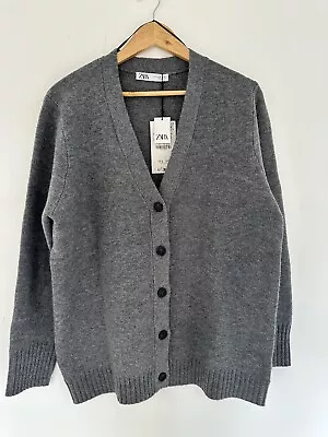 ZARA GREY MERINO WOOL BLEND RIBBED KNIT V-NECK CARDIGAN Size M • £32.99