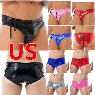 US Men's Underwear Faux Leather Zipper Boxers Shorts Low Waist Side Latex Briefs • $9.09