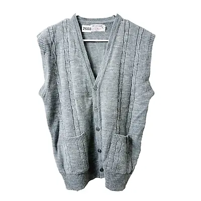 Vtg 70s Career Club Mens Gray Medium Sweater Knit Cardigan Vest Pockets Grandpa • $24.99