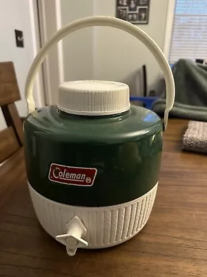 Vintage 1972 Coleman 1 Gallon Metal Water Cooler Jug Green & White W/  Lid & Cup • $16