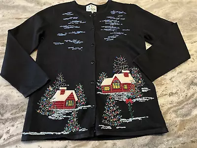 Quacker Factory Christmas Black Cardigan Sweater Log Cabin Beaded Sequin XS • $21.90
