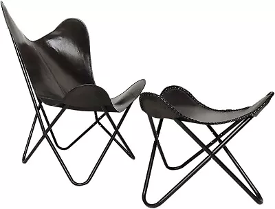 Handmade Black Leather Butterfly Chair With Footstool Foldable Relax Arm Chair • $170.40