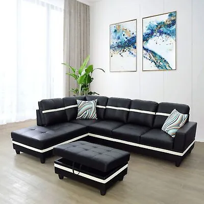 Black Sofa Set Sectional Couch PU Leather Living Room Furniture Left Chaise • $730.55