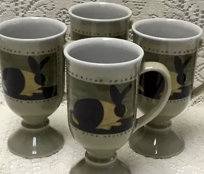 Warren Kimble 4 COFFEE MUGS Otagiri American Folk Art Cup Bunny Rabbit Pedestal • $32.99