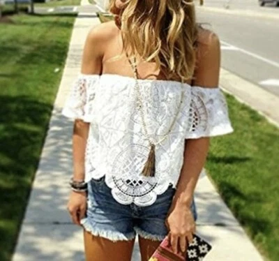$20 • Buy Va Va By Joy Han Off The Shoulder White Crochet Scalloped Top