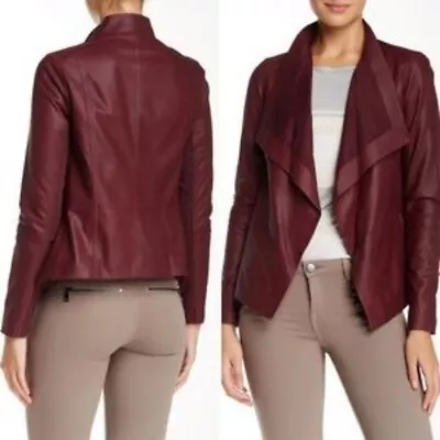 VINCE Leather Burgundy Red Drape Neck Open Jacket Women's Size XS • $225