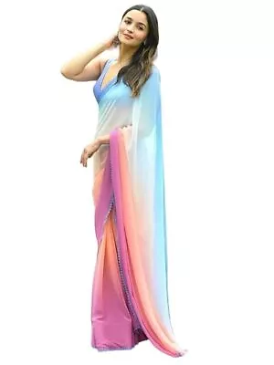 Women's Bollywood Georgette Lace Border Multicolor Saree With Blouse Piece • £25.80