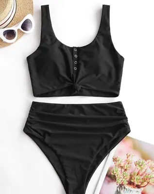 Zaful Women's High Waisted Knotted Bikini Swim Set Size Medium Padded Black NWT • £18.96