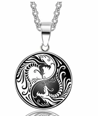 Mens Stainless Steel Protection Amulet Dragon Yin Ying Yang Pendant Necklace Men • $9.98