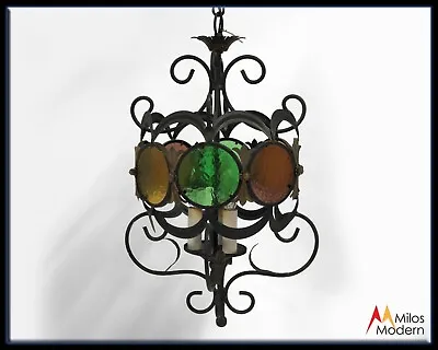 60s Mid Century Italian Black Metal W/ Colored Glass Chandelier Hanging Light • $399.95