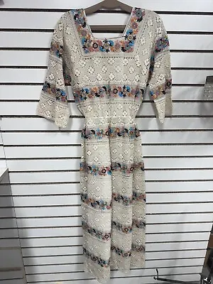 VTG 70s BOHO MEXICAN MAXI DRESS ECRU IVORY LACE CROCHET FLORAL EMBROIDERED M/L • $175