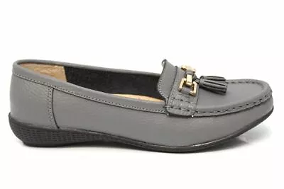Ladies Real Leather Tassel Loafers Grey Nautical Boat Shoes Size 3 4 5 6 7 8 • £18.95